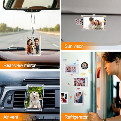 4 Fotohalter fürs Auto aus Acryl Set mit 4 Foto Magnete und Aufklebern für Sonnenblende Lüftung Rückspiegel Kühlschrank Kreative Auto Deko zum Anbringen Fotos Notizen Bilderrahmen Personalisiert