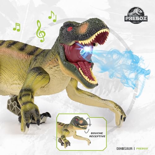 PREBOX Ferngesteuerter Dinosaurier Spielzeug für Jungen, RC Dino Roboter mit Brüllen, Sprühfunktion, Kopf- und Schwanzbewegungen, Realistische Gehbewegungen,Geschenk für Kinder 3-12 Jahre
