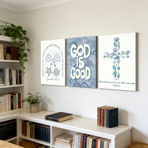 3Pcs Coastal Christian Canvas Wall Art Coastal Granddaughter Blue Seashell Bible Verse Pictures Wall Decor Preppy Christian Scripture Aesthetic Posters Prints for Girly Bedroom Dorm 12x16in — view 5