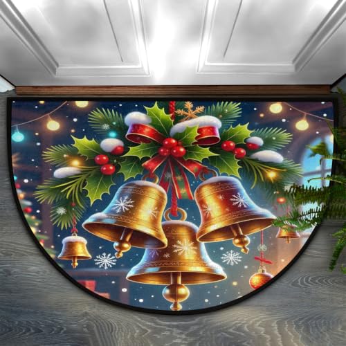 Image of Half Round Doormat Washable Kitchen Semi Circle Rug Bell Holly Christmas