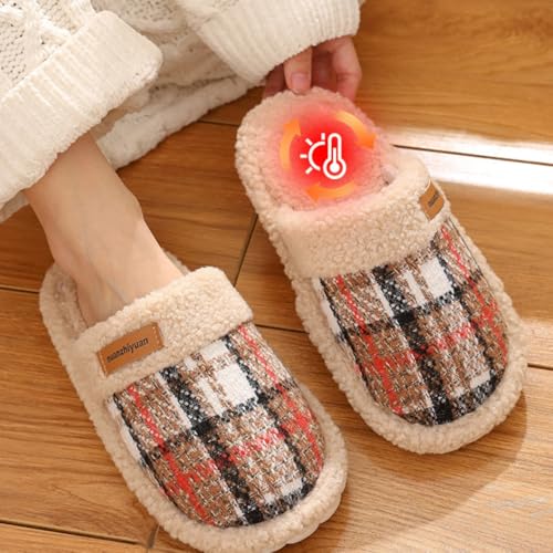 Premium Comfort Fleece Plaid Grid Design Non Slip Women's Fuzzy House Slippers Indoor Soft Warm Home Furry Shoes3