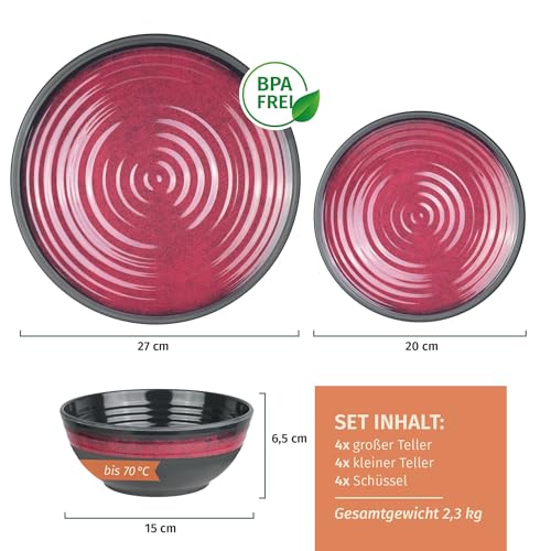 Camping Tafelgeschirr aus Melamin für 4 Personen 12-teilig | spülmaschinenfest | Picknick Geschirrset | Geschirr Campinggeschirr I Stone Red Design