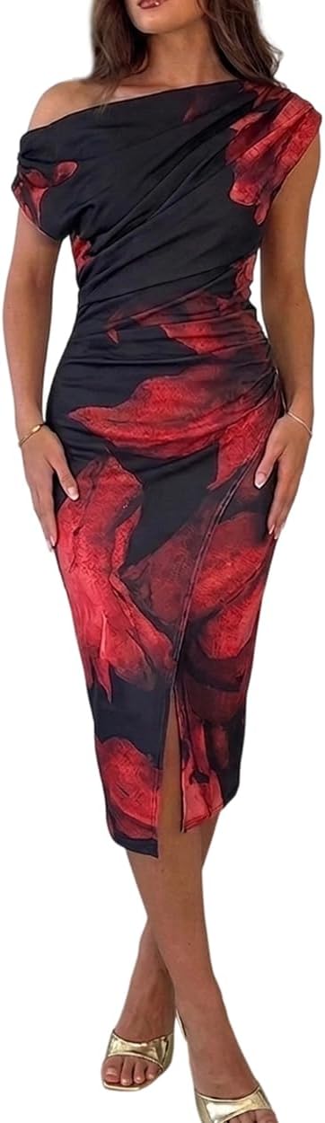 CHICME Womens Summer Polka Dot & Floral Print Midi Dress Off Shoulder Ruched Slit Bodycon Party Dresses