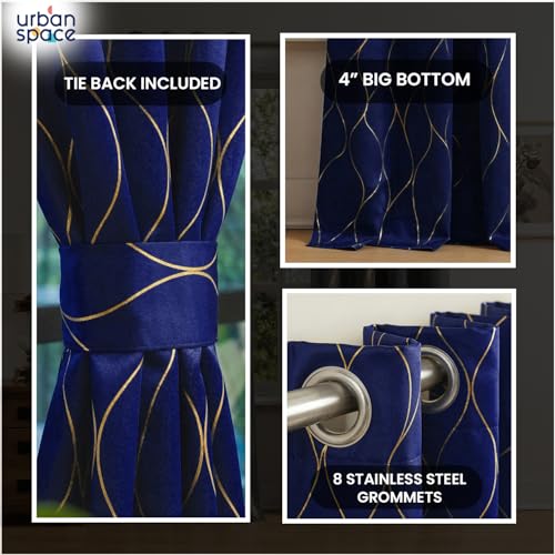 Image of Urban Space 80-85% True Blackout Curtains for Door, Gold Foil Printed Blackout Curtains, Blackout Decorative Door Curtain Eyelet with Tieback, 1 Piece Curtain for Living Room(Wave Navy Blue, 7 Feet)