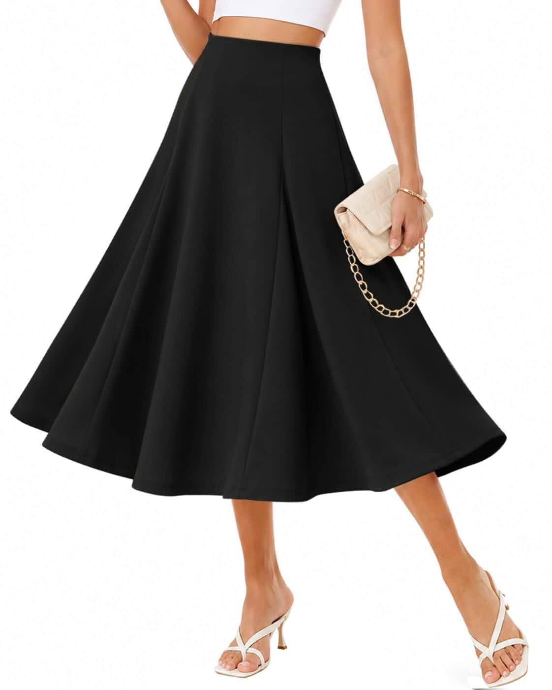 Dressystar Flared High Waisted Pleated Midi Skirts for Women Work Women’s Business Casual Skirt, Elastic High Waist, Solid, A Line, Swing, Tea Length, Multi Panel, Office and Everyday Wear