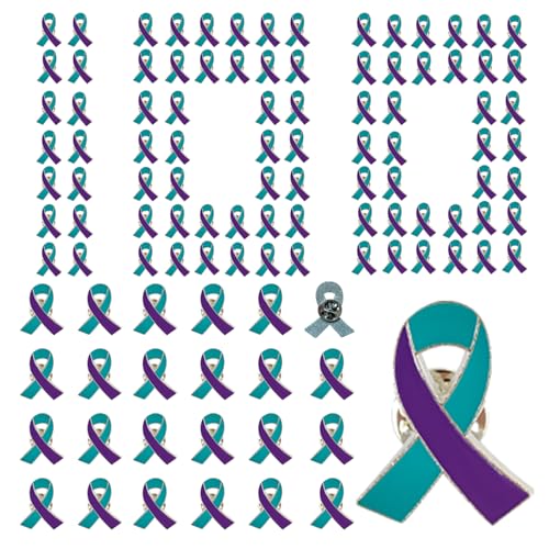 Image of 100 pieces Purple & Teal Ribbon pins Suicide Prevention Awareness brooch Domestic Violence Sexual Assault Awareness enamel Lapel Pins