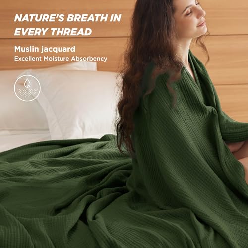 Bedsure 100% Cotton Muslin Throw Blanket Twin XL for Bed - 4-Layer Breathable and Lightweight Thin Soft Summer Gauze Muslin Blankets for Adults, Olive Green, 66x90 Inches