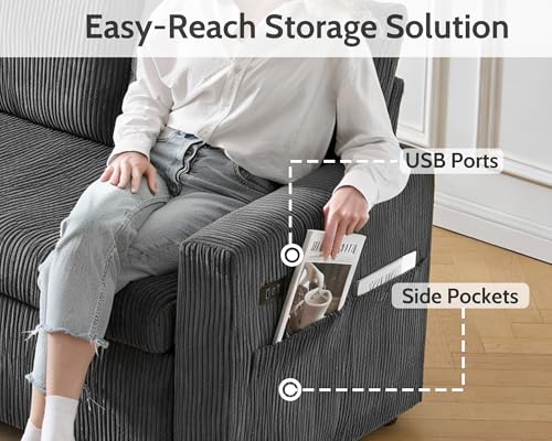 Image of WEUP 82 inch L Shaped Sectional Sleeper Sofa Bed with Pull Out Bed, Sectional Sleeper Couch Pull Out Couch with Reclining Backrest /Reversible Storage Chaise /USB Ports /Tool-Free Assembly, Corduroy Grey