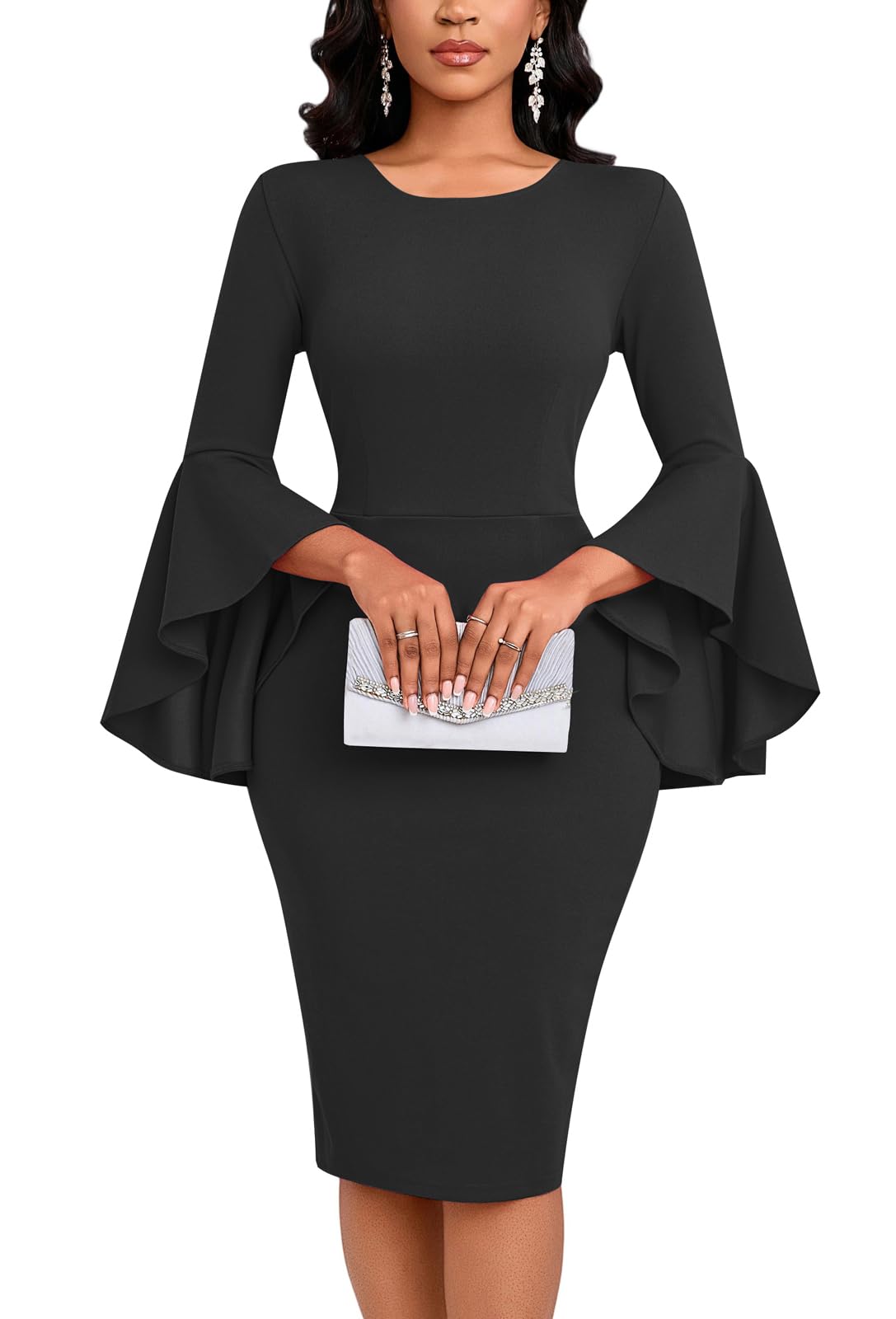 Church Dress for Women Elegant Bodycon Ruffle Bell Sleeves Knee Length Cocktail Party Vintage Pencil Dress