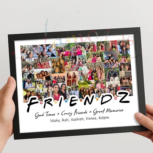 Image of Personalized FRIENDZ Collage Multiple Pictures Photo Frame Gift | Customised Glare-Free Wooden Frame for Best Friends, Girls, Boys, Couple, Cousins & Family | Birthday, Farewell & Anniversary | Travel Diaries, School, College Memories | Sizes - A4 /A3