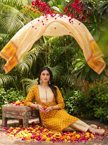 Image of Vaamsi Women's Rayon Blend Ethnic Motifs Printed Straight Kurta Palazzo With Dupatta (VKSKD1042 Yellow XL)