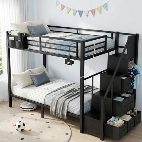 IZLKQC Metal Bunk Bed Twin Over Twin with Storage Stairs Movable USB Power Outlet & Clothes Rack Heavy Duty Bed Frame with 6 Fabric Drawers and Storage Pocket for Kids Teens Space Saving (Black)