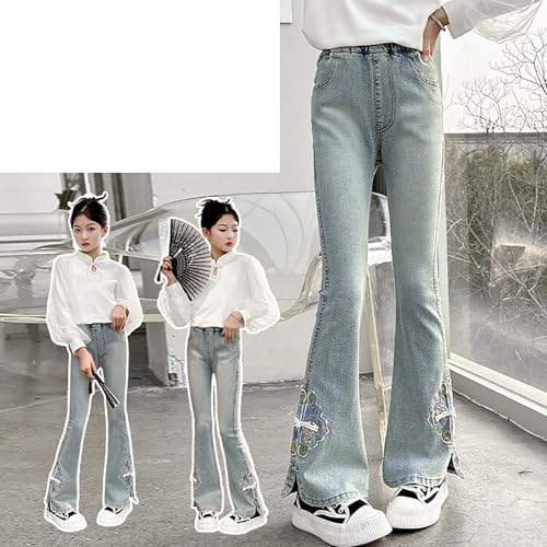 Girls Flared Jeans Straight Leg Baggy Wash Denim Pants 𝗩intage Embroidery Bell Bottom Trousers with Pocket3
