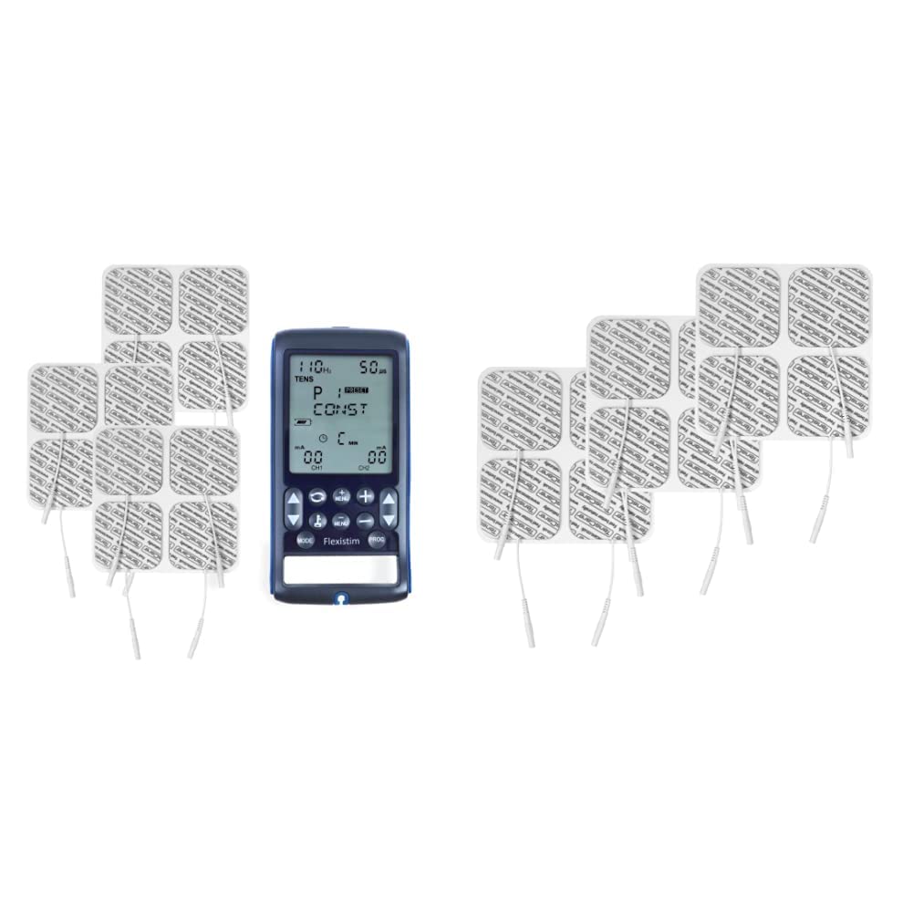 TensCare Flexistim& 12 electrodos - Electroestimulador Completo con 4 terapias: EMS & E-CM5050V - 12 electrodos para Electroestimulador Tens, 50x50 mm