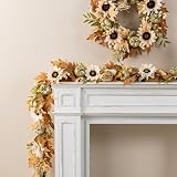 Glitzhome Fall Maple Leaf Garland - 6FT Artificial Sunflower Pumpkin Autumn Garland Decoration for Wedding Party Thanksgiving Dinner Fireplace Door Frame Doorway Backdrop Decor