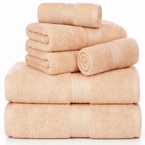 Ample Decor 100% Cotton Bathroom Towel Set, 600 GSM, Soft & Absorbent, 6 Piece Set (2 Bath Towels, 2 Hand Towels, 2 Washcloths), Beige