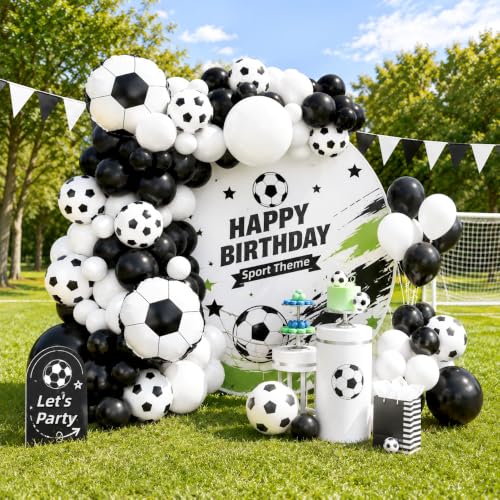 Image of Soccer Balloon Garland Arch Kit, 22 18 12 10 5 Inch Black White Football Print Balloons Arch Kit with 4D Football Foil Balloon Football Helium Balloon for Birthday Soccer Club Party
