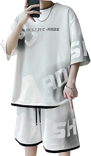 [ANGELCITY] メンズ グラデーション 英語プリント 半袖Tシャツ 上下2点セット ストリート 夏 | グラデーションレタープリント, レイヤード風切り替え裾, ウエスト調整紐, ルーズオーバーシルエット, M～8XL幅広サイズ