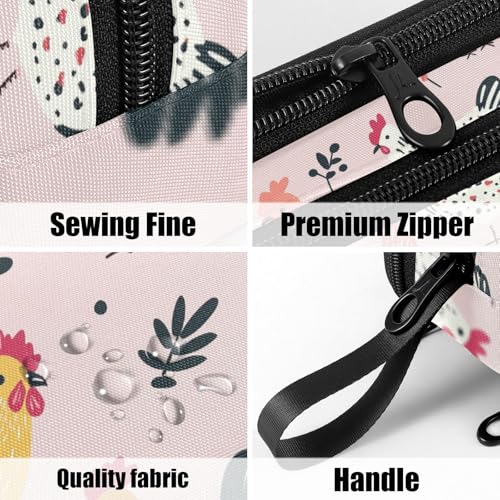 Image of Fustylead Cute Cartoon Hens and Roosters on Pink Background Large Pencil Pen Case Stationery Bag 3 Compartments School College Office Organizer