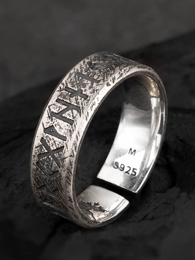 Chinese Lucky Feng Shui Auspicious Ring ， Feng Shui Mantra-Ring, Vintage Schwarzer Sterling Silber Elder Futhark Runen Ring Nordischer Wikingerschmuck for Männer Frauen Verstellbare Größe S/M/L(M)