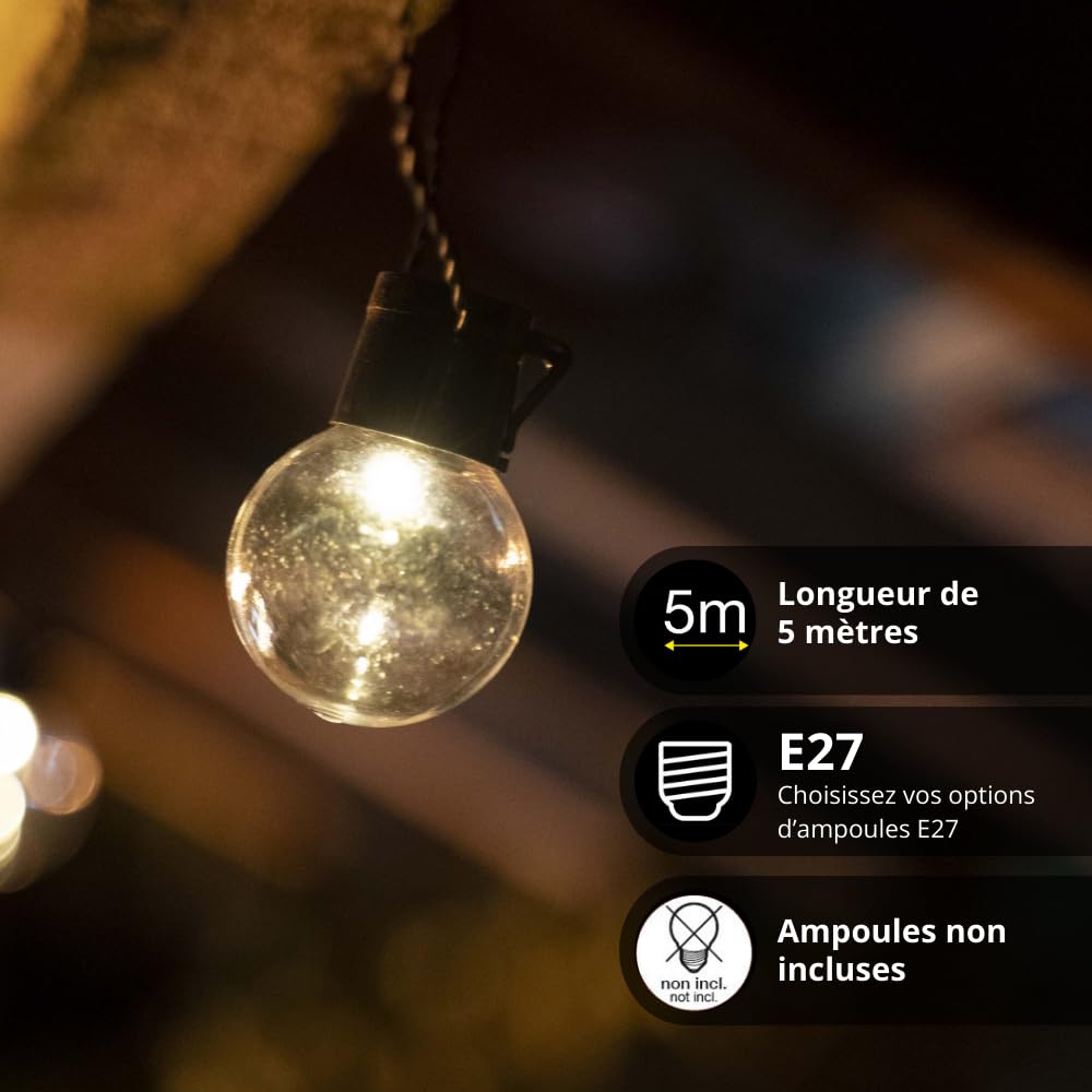 XANLITE Guirlande LED 10M extensible, 10 douilles, compatible ampoules E27 (non incluses), Noire
