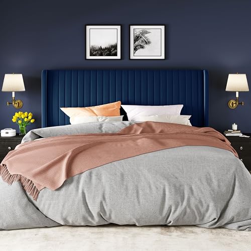 Image of Allewie King Size Velvet Bed Frame /Vertical Channel Tufted Wingback Headboard /Upholstered Platform Bed /Strong Wooden Slats /No Box Spring Needed /Easy Assembly /Blue