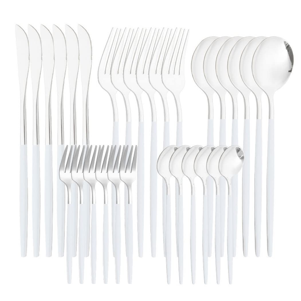 Silverware Set Stainless Steel Flatware Tableware Cutlery Utensil Set for Kitchen 30PCS White