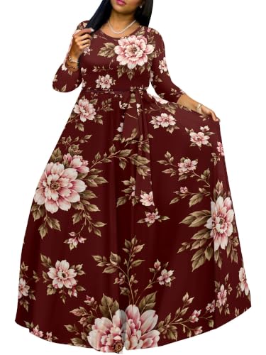 Image of Women Plus Size Long Sleeve V Neck Maxi Dress with Belt | Soft fabric relaxed fit three quarter sleeve v neck with pockets for party and daily wear