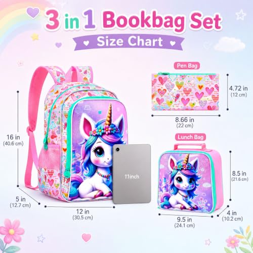 Image of WZLVO 3PCS Kids Backpack for Girls, Unicorn Dinosaur Animal Prechool Elementary Kindergarten School Bookbag with Lunch Box