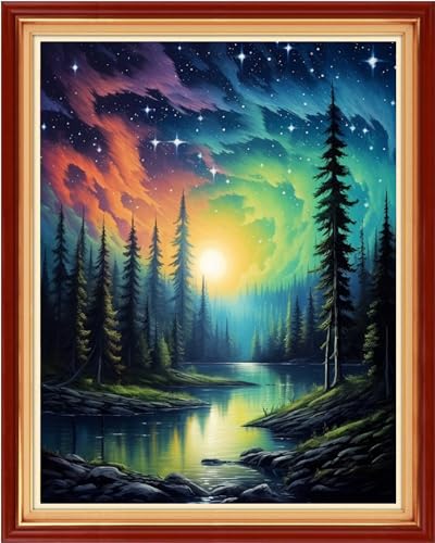 Image of Dimxvean Stamped Cross Stitch Kits,Cross Stitch Kits for Adults Beginners,Embroidery Kits Full Range of Cross Stitch Stamped Kits Needlepoint Kits Cross Stitch Patterns-Forest Aurora 16x20 inch