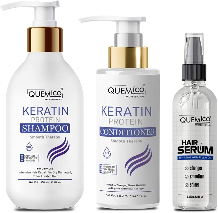 Sulphate Free Keratin Shampoo and Conditioner Combo with Hair Serum Set | Keratin Protein Shampoo (300ml), Conditioner (150ml) & Serum (50ml) | No Sulphate, Parabens & Silicones | Set Of 3