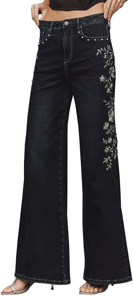 Women's High Waisted Stretchy Wide Leg Denim Pants Trendy Floral Embroidered Bootcut Jeans
