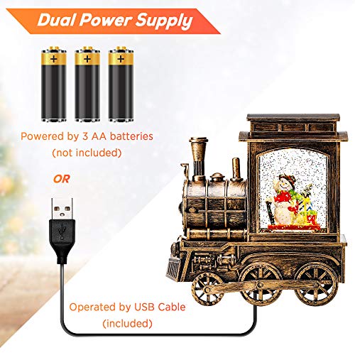 IPOW Christmas Snow Globe Lantern Train with Water Swirling Glitter, Musical and Lighted 6 Hours Timer USB Powered & Battery Operated Music Box for Christmas Home Decoration Gift, Snowman Scene