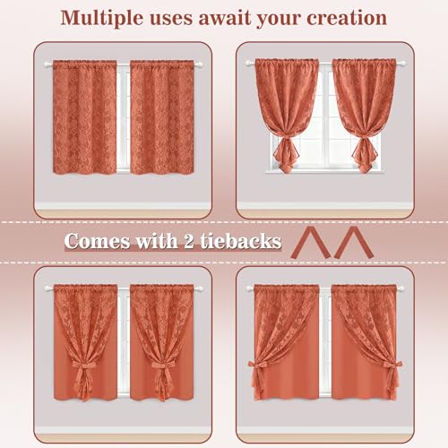 Image of Yinhua Terracotta Kitchen Curtains 36 Inch Length Double Layer Curtain Farmhouse Blackout Curtains for Kitchen Rod Pocket Short Curtain for Windows, Bathroom, Living Room, 2 Panels