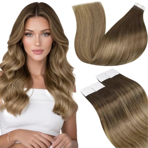 Image of LaaVoo Tape in Extensions Human Hair Balayage Tapes on Hair Extensions Light Brown to Golden Brown Hair Extension Tapes in Real Human Hair 22inch 50g 20pcs