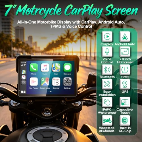 Image of YZW 7 Inch Wireless Motorcycle Carplay, GPS Navigation with Android Auto, Siri & Google Assistant, USB Cable /Bluetooth 5.2 /TMPS /Voice Control /IP69K Waterproof Touchscreen /Light Sensor /Quick Release