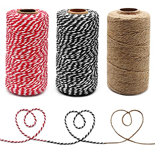 Anvin 984 Feet Cotton Twine Natural Jute Twine Bakers Twine Black White Twine Red White Twine for Christmas Gift Wrapping Butchers Baking Arts and Crafts Gardening(Pack of 3, 10 Ply 2mm Thick)