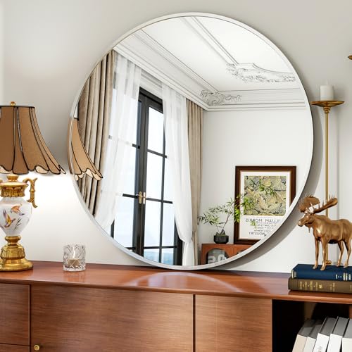 Koonmi 91cm Round Wall Mirror, Circle Bathroom with Metal Frame Hanging Leaning for Entryways, Washrooms, Living Rooms, Silver Koonmi 91cm Round Wall Mirror, Circle Bathroom with Metal Frame Hanging Leaning for Entryways, Washrooms, Living Rooms, Silver
