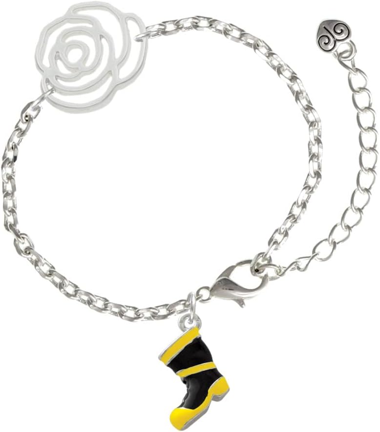 Delight Jewelry Silvertone Black and Yellow Firefighter Boot - Silver-tone Flower Link Chain Bracelet, 6.75"+2" Extender