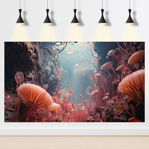 Image of Coral Reef Aquarium Background Underwater World Rock Cave Style Terrarium Backdrop Fantasy Under Sea Coral Fish Tank Background Cave Landscape Tank Wallpaper Poster Vinyl 36x24in