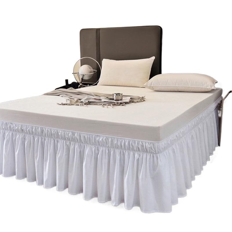 Gonne Per Letto Gonna da letto avvolgente con volant tinta unita con doppio strato di tessuto elastico resistente allo sbiadimento - caduta da 15 pollici(White,140x200x38cm)