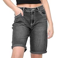 NOROZE Bermuda en Denim Extensible pour Femme - Longueur Genou - Contraste - Ourlet roulé - Style décontracté - Classique - en Coton - avec Poches, Nettoyant Acide Noir, 40