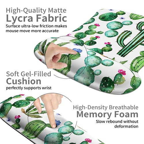 Wrist Rest Support Ergonomic Gel Mouse Pad & Memory Foam Keyboard Set Non-Slip Rubber PU Base Easy Typing and Relieve Wrist Pain Mouse Mat for Computer Office - Watercolor Cactus