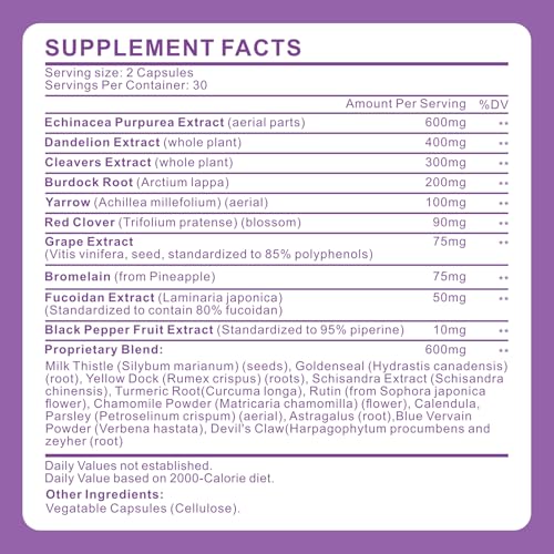 Spliferkou Lymphatic Drainage Supplements, Herbal Lymph System Support Supplement with Echinacea, Dandelion, Burdock Root, Cleavers & More - Non GMO, Gluten Free - 60 Capsules - Thumbnail 2