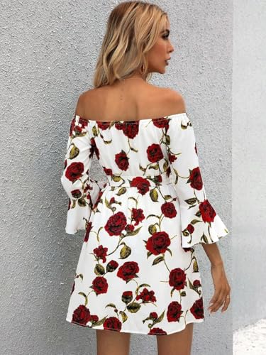 Image of Off Shoulder Ruffle Dress for Women, A-Line Mini Dress with Belt, Fitted Bust Summer Wedding Guest Dress