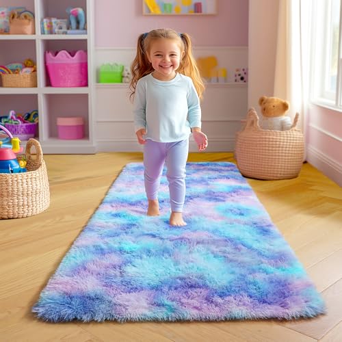 Amdrebio Purple Rainbow 2x6 Runner Area Rugs for Bedroom Girls Room Decor, Colorful Bedside Mermaid Stitch Frozen Kids Rugs for Playroom Nursery Dorm, Fluffy Furry Cute Kawaii Carpet for Baby Toddler