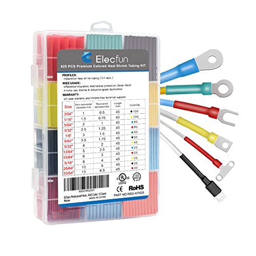 2:1 Heat Shrink Tubing Kit Ul Approved, Elecfun 625Pcs Shrink Tube For Wires, Electrical Wire Cable Wrap Heat Shrink Tube Kit(5 Colors, 12 Sizes), Eco-Friendly Material #TOP5