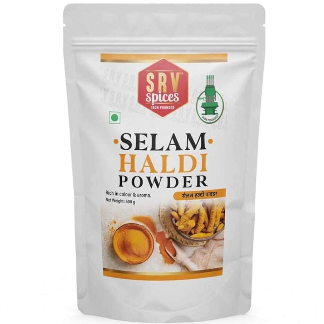 SRV SPICES Selam Haldi Powder | Premium Salem Turmeric (Halad) | Sourced Directly from Single Farmers | Rich in Nutrients & Natural Goodness | Iron Pounded for Maximum Aroma & Flavor | 57 Years of Expertise in Every Pack | 500g Pack