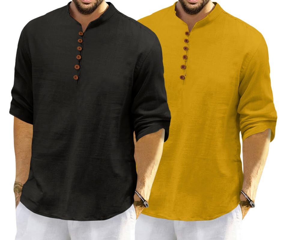 Royalscout Men's Cotton Polyester Blend Solid Regular Fit Full Sleeve Short Kurta | Ethnic, Lightweight Summer Kurta For Daily & Occasion Use Black-Gold