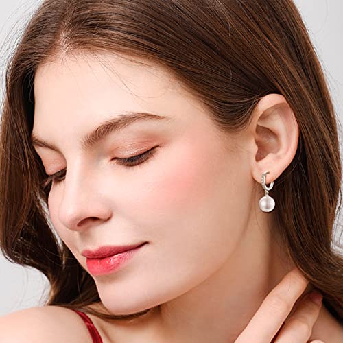 EPIRORA Sterling Silver Simulated Shell Pearl Hoop Earrings Cubic Zirconia Dangle Drop Earrings Jewelry for Women 10mm, Silver/Gold2